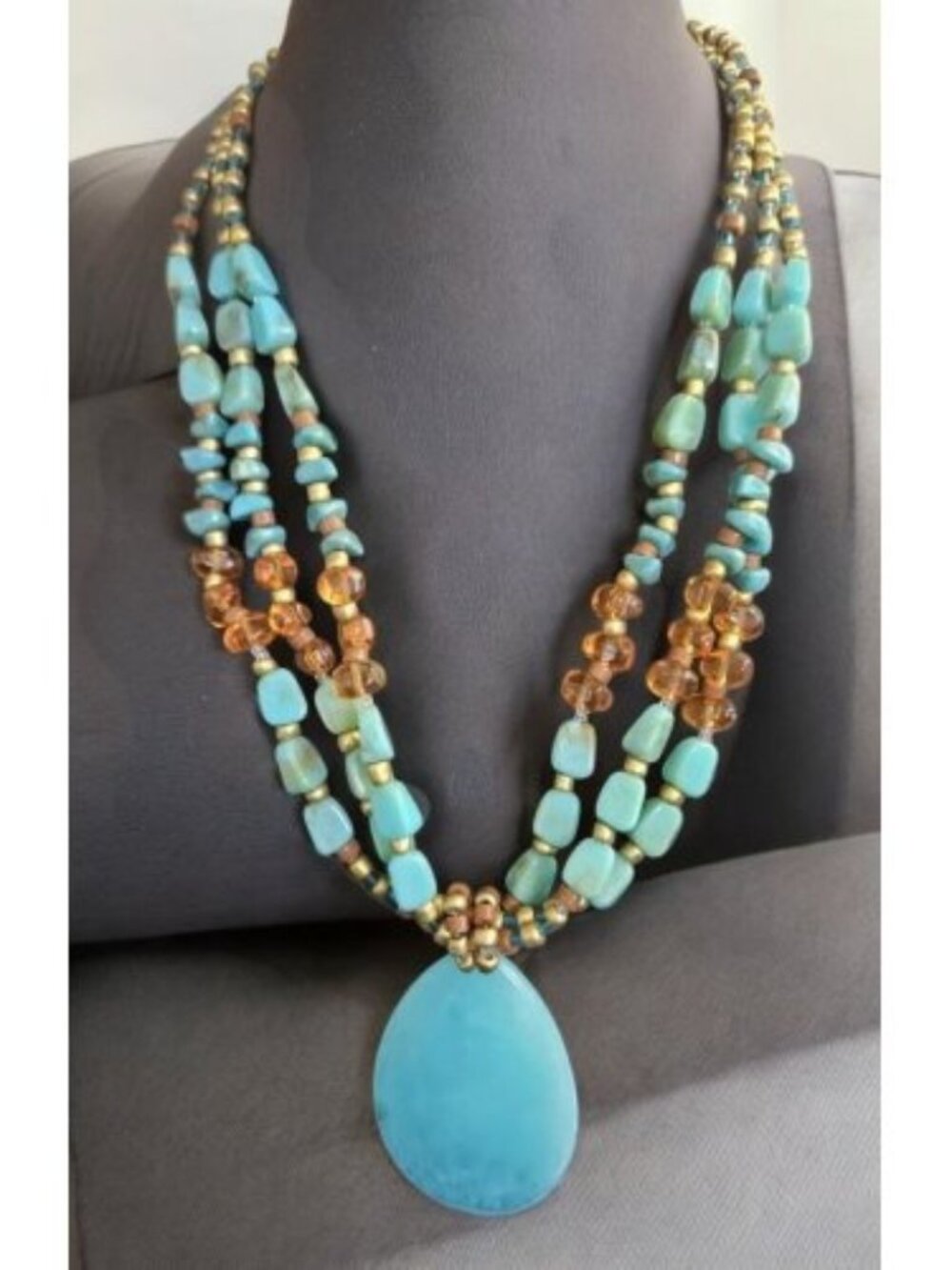 Vintage AVON Multi Strand Blue and Topaz Lucite Beaded Pendant Necklace